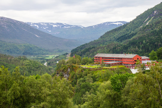 the beautiful view on Naeroydalen valley and peaks on Stalheim, Voss, Norway.
