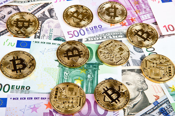 bitcoin coins with euros and dollars