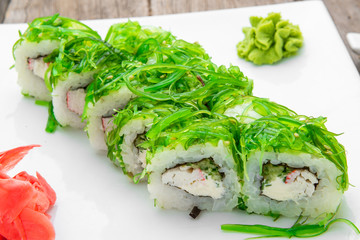 Japanese traditional sushi food and rolls with fresh seafood