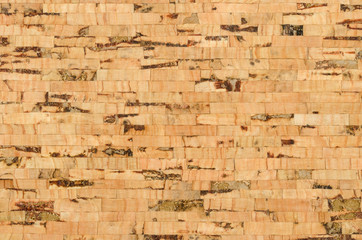 Cork sheet surface with parallel layers, comprised of multilayered cork oak, Quercus suber. Decorative panels and veneers, used as bulletin boards, floor and wall tiles. Top view. Macro photo.