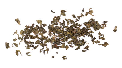 Green tea leaves isolated on white background, top view