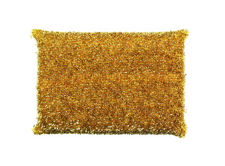 Golden steel scourer sponge isolated on white background, top view
