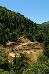 Construction machines in the forest. Forest road construction