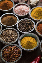 Spices on wooden bowl background 