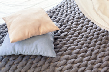 Grey knit giant plaid with pillows