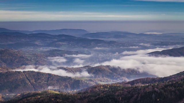 Flowing fog in the Tatras valley in the sunrise, Poland, Timelapse