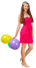Fototapeta premium happy woman in dress with helium air balloon