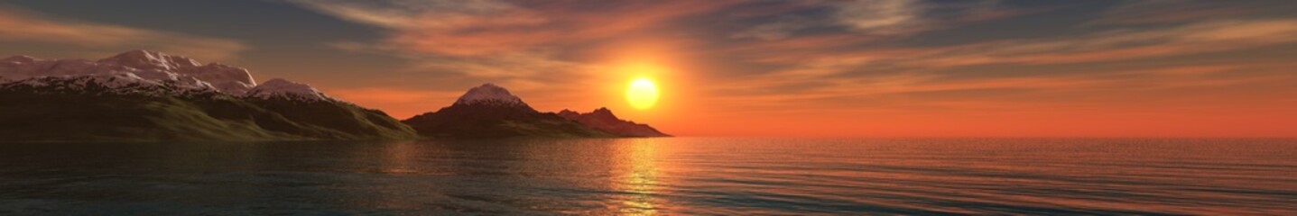 Fototapeta premium Sunset over the mountains in the sea, banner, 3D rendering 
