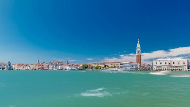 Venice Panorama timelapse with the Giudecca Island, the Madonna della Salute Church, Doge's Palace, St. Marc Square seen from the bell tower of the St. George