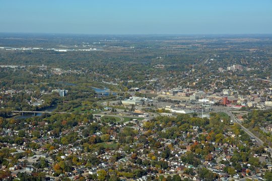 aerial view of the town of Brantford, town centre Autumn foliage Ontario Canada 