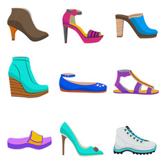 Woman Shoes Set. Colorful Shoes in Cartoon Style for Banners and Fliers of Shops. Vector Illustration