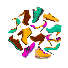 Round Shoes Composition. Colorful Shoes in Cartoon Style for Prints. Vector Illustration