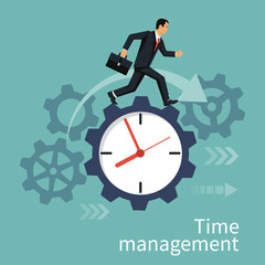 Time management, control. Vector illustration flat design. Isolated on background. Businessman run along gear in form of clock. Organization of process.