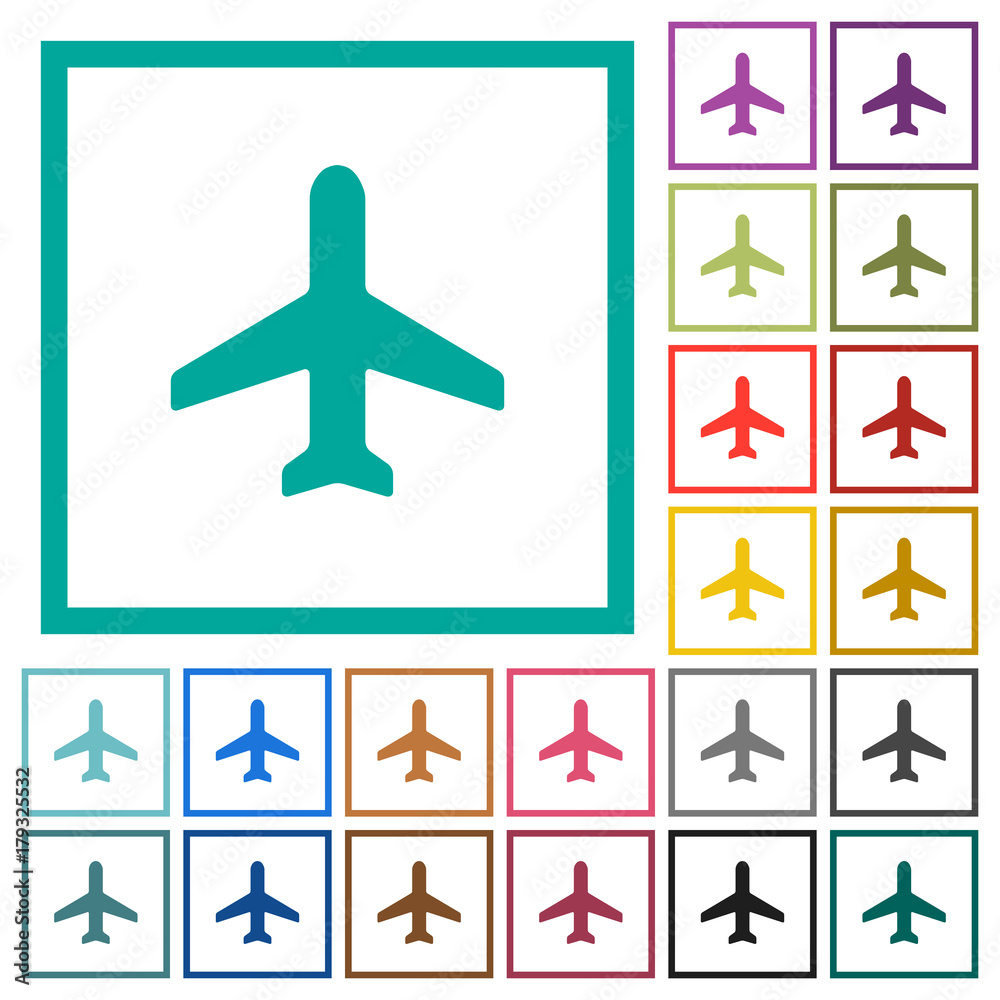 Sticker Airplane flat color icons with quadrant frames