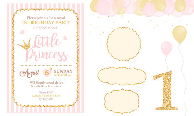 Pink and gold princess party decor. Cute happy birthday card template elements. Birthday party and girl baby shower design elements set. Glitter texture. Golden gloss effect