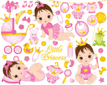 Vector Set with Cute Baby Girls Dressed as Princesses and Various Accessories