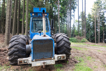 Harvester from the front in summer wood. Industrial background with the logging machine next to a forest path.