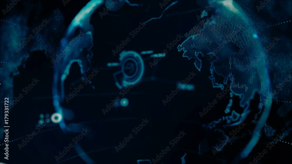 Poster 4k animation globe with dot world map hud and infographic graph bar element spin on dark background
