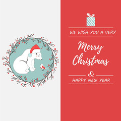 Holiday greeting postcard with polar bear and bird