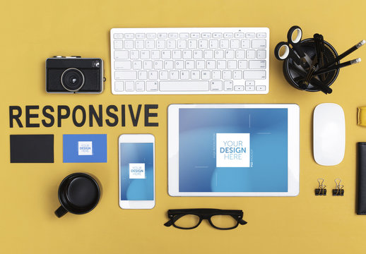 Responsive Mockup with Business Card and Devices on Yellow Background