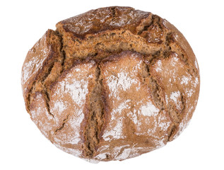 Small round loaf of brown bread with cracks. Fresh baked bread roll isolated on white background.