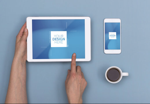 Tablet User with Smartphone and Coffee at Blue Table 1