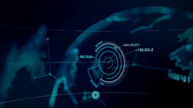 4K Animation Globe with dot world map HUD and infographic graph bar element spin on dark background