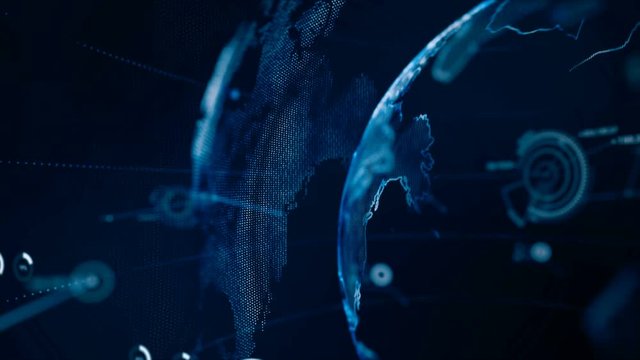4K Animation Globe with dot world map HUD and infographic graph bar element spin on dark background