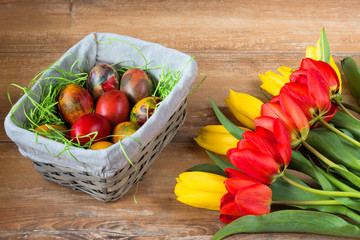 Easter wicker basket with colored eggs, yellow and red tulips on brown wooden board.