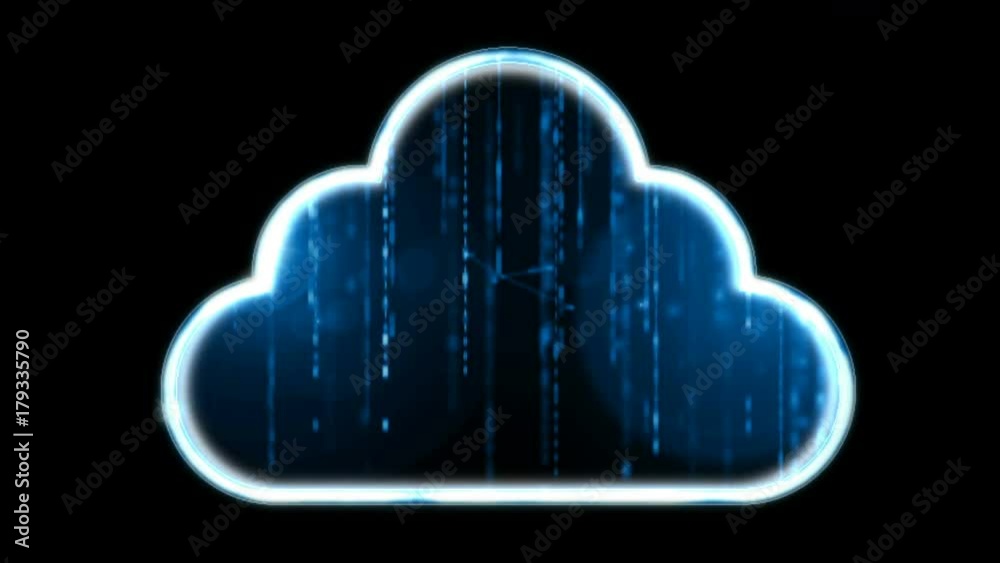 Poster 4k animation of cloud icon with dot connetion line and binary number falling for computer network bi