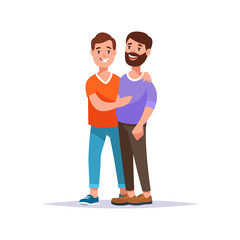 Vector illustration happy gay couple family standing together. Two man homosexual in casual clothing hugging each other isolated
