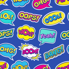 Seamless colorful pattern with comic speech bubbles patches on blue background. Expressions OOPS, COOL, YEAH, BOOM, WOW, OMG, BANG. Vector illustration of modern vintage stickers, pop art style