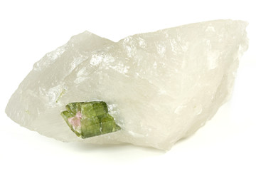 watermelon tourmaline on quartz matrix from Minas Gerais/ Brazil isolated on white background