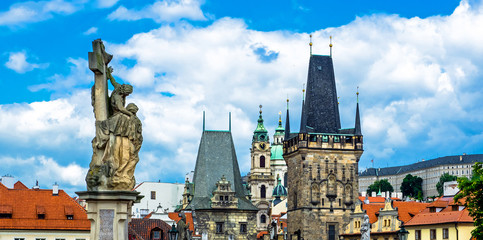Naklejka premium Romantic Prague cityscape, Czech Republic. Panoramic view of the old city of the hundred towers on a summer day.