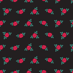 Seamless elegant floral pattern with small red roses on black background. Ditsy print. Perfect for scrapbooking, textile, wrapping paper etc. Vector illustration.