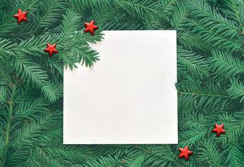 Fototapeta na wymiar Creative background of pine branch with white paper card. New Year and Merry Christmas Concept.