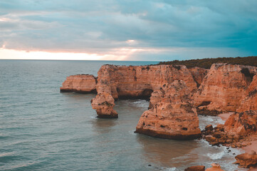 Beautiful cliffs and sea coastline outdoors natural background Portugal Europe. Recreational...