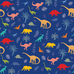 Pattern with different kinds of dinosaurs, plants and leaves