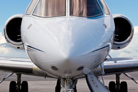 Close-up of the front of a corporate jet