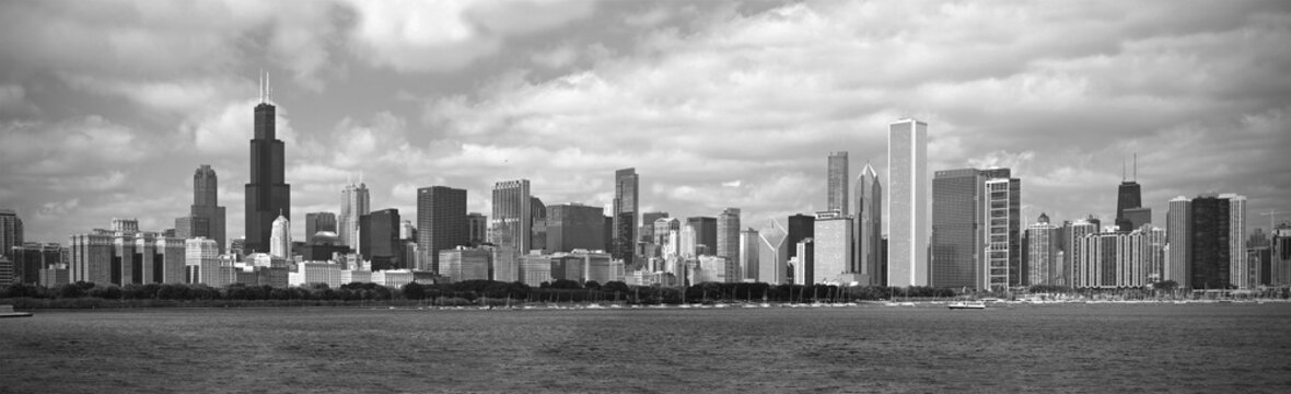 A black and white panoramic view of the Skyline of the city of Chicago, Illinois.