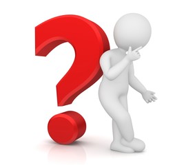 question mark red 3d interrogation point asking sign symbol icon with thinking stick man figure or uncertain worried customer isolated on white