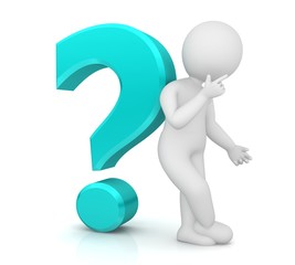worried man question mark turquoise cyan 3d interrogation point asking icon with thinking stick man or uncertain customer isolated on white