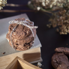 the dark chocolate biscuits with nuts on dark wooden background