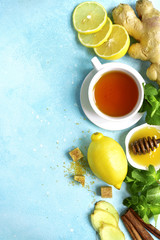 Warming black tea with ingredients for making.Top view with copy space.