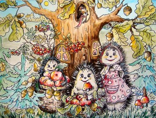 Family hedgehogs watercolor, autumn paintings landscape