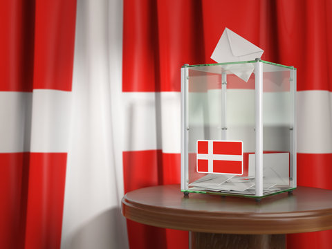 Ballot box with flag of Denmark and voting papers. Danish presidential or parliamentary election .