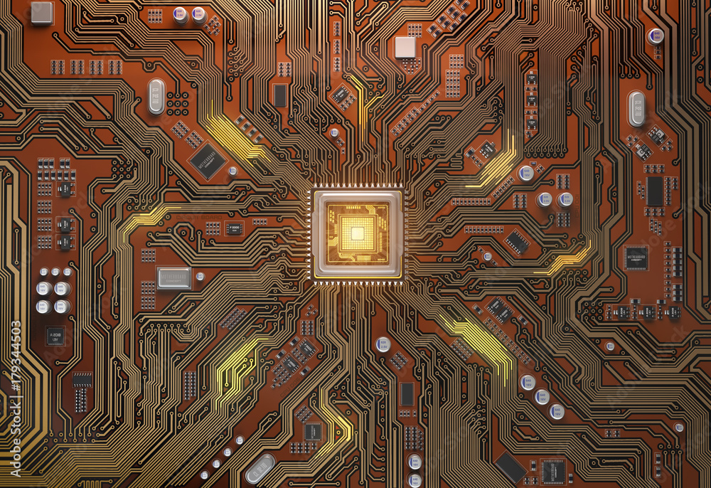 Poster Circuit board with CPU.  Motherboard system chip with glowing processor. Computer´s technology and internet concept.