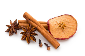 Cloves, anise and cinnamon isolated on white background.