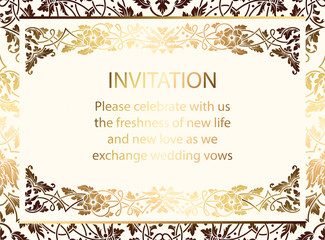 Intricate baroque luxury wedding invitation card, rich gold decor on beige background with frame and place for text, lacy foliage with shiny gradient