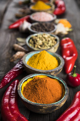 Herbs and spices on a wooden background 